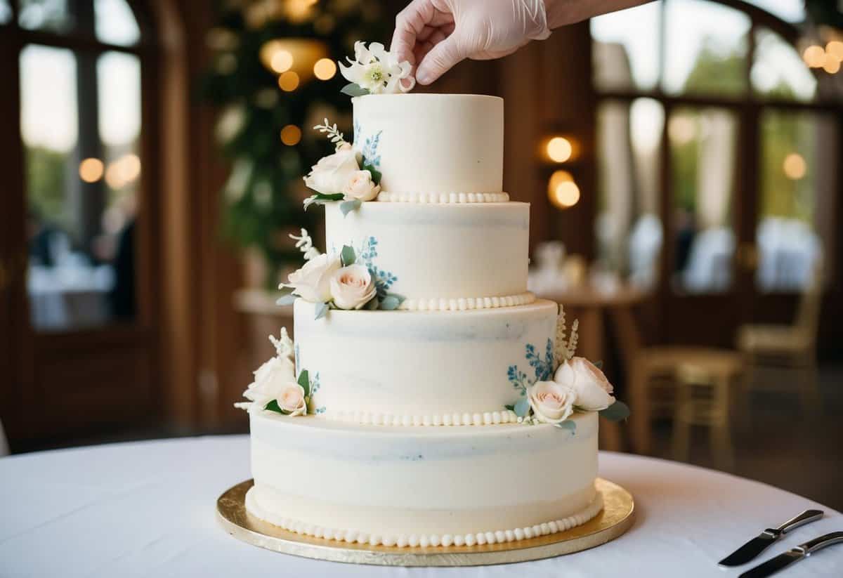 A tiered wedding cake being delicately iced with intricate floral designs and elegant piping details