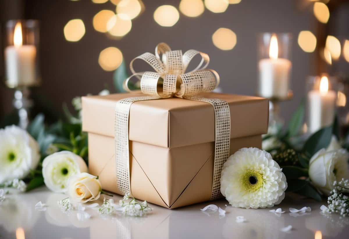 A beautifully wrapped gift box surrounded by elegant wedding decor and flowers