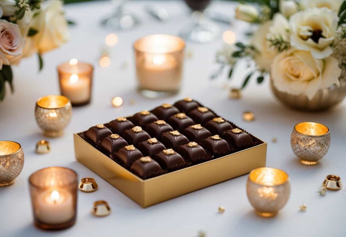 A luxurious gourmet chocolate box surrounded by elegant wedding decor