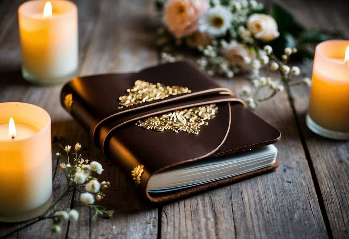 A leather journal with elegant gold embossing sits on a rustic wooden table, surrounded by soft candlelight and delicate floral arrangements