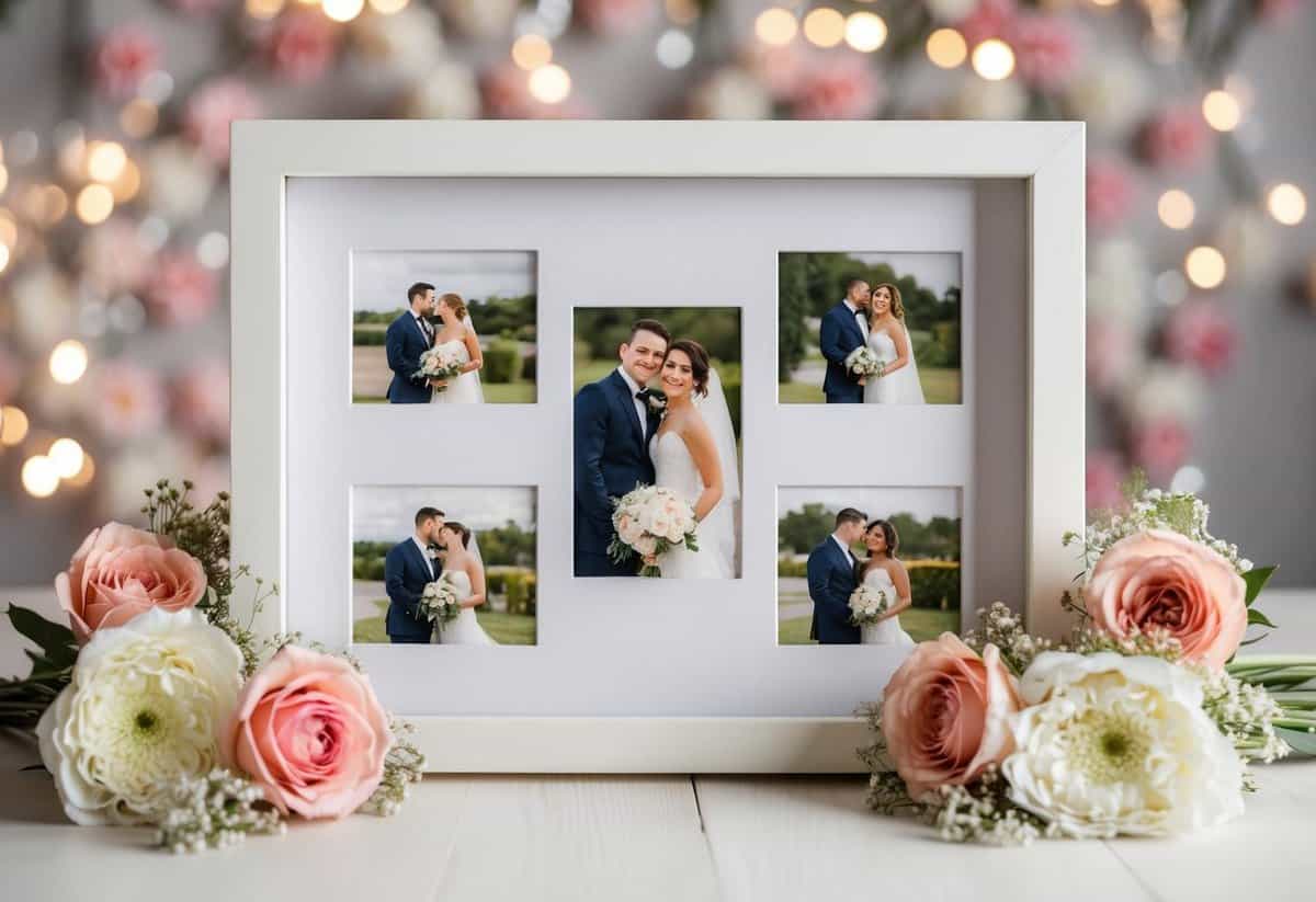 A personalized photo frame with wedding images, surrounded by romantic decor and flowers