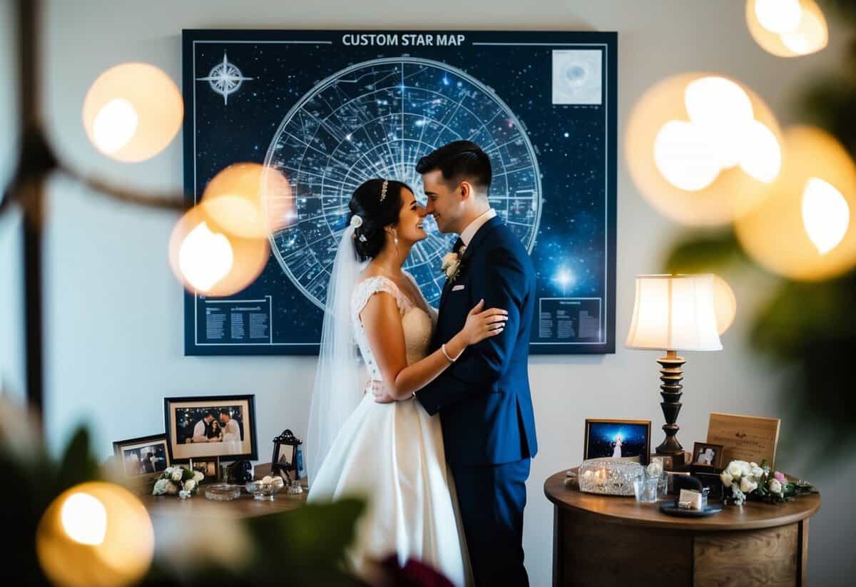 A young couple admires a custom star map, surrounded by wedding memorabilia and soft lighting