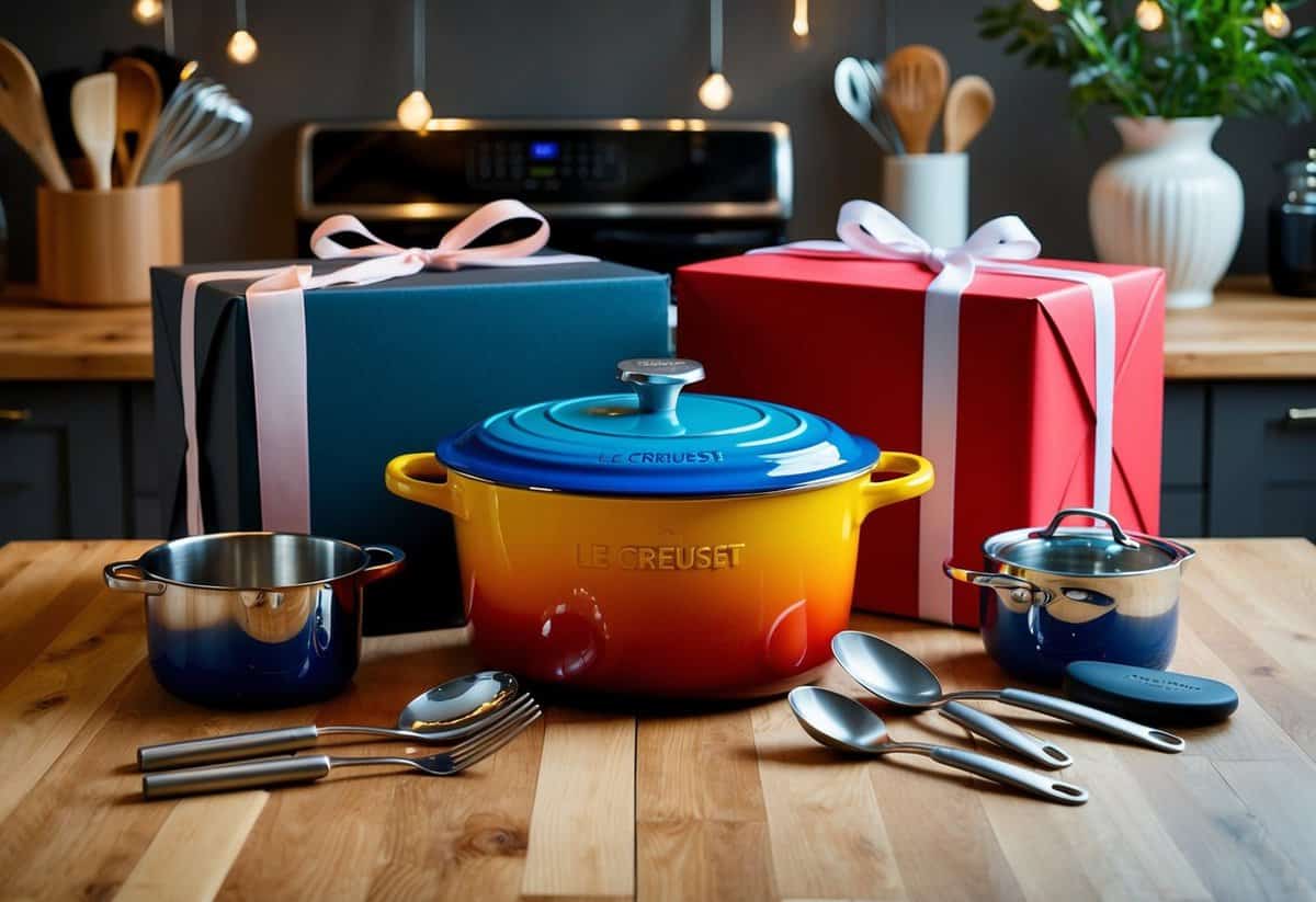 A vibrant Le Creuset Dutch Oven surrounded by kitchen utensils and wrapped in elegant gift packaging