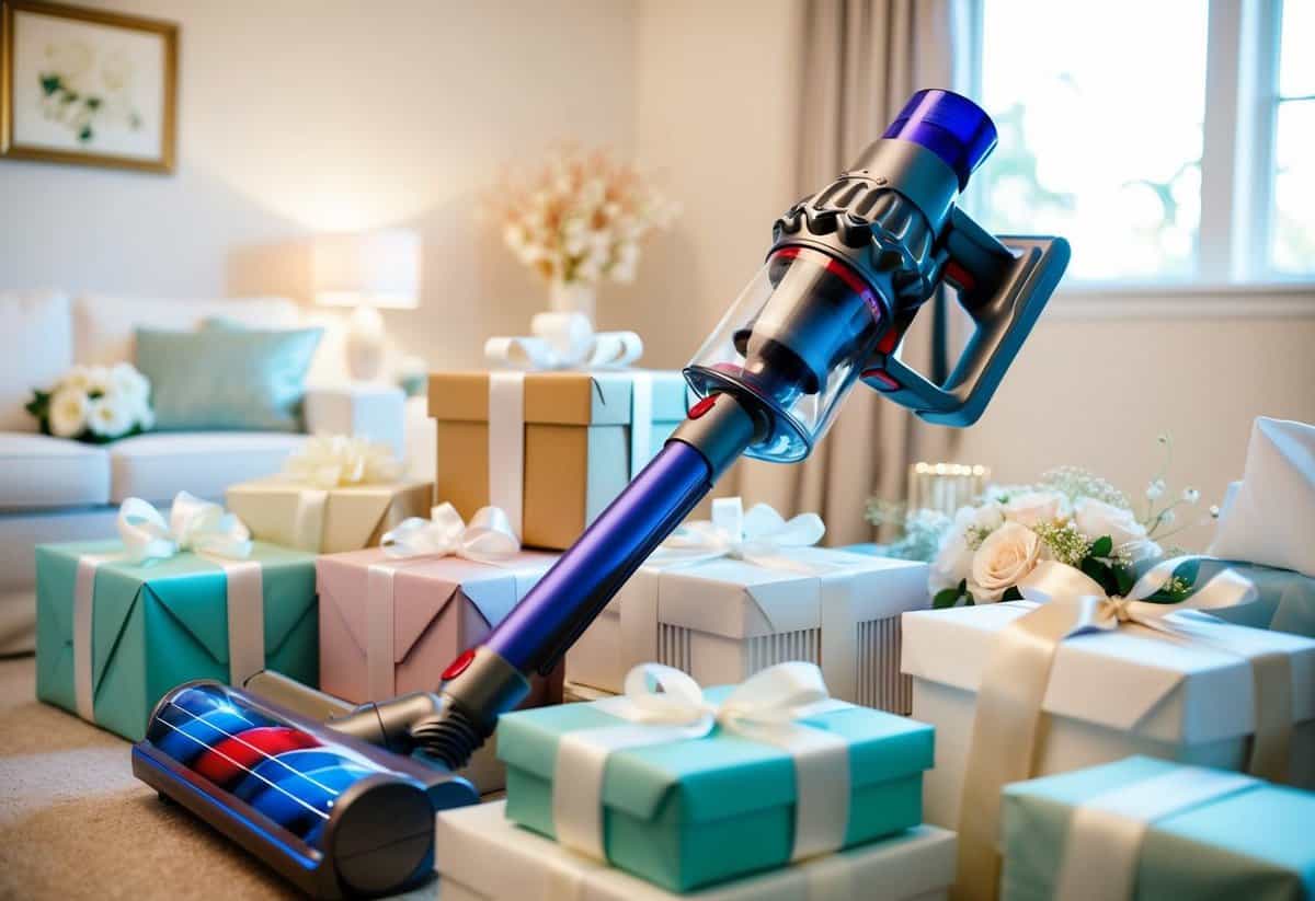 A beautifully wrapped Dyson V10 Absolute Vacuum sits among a pile of wedding shower gifts, gleaming in the soft light of the room