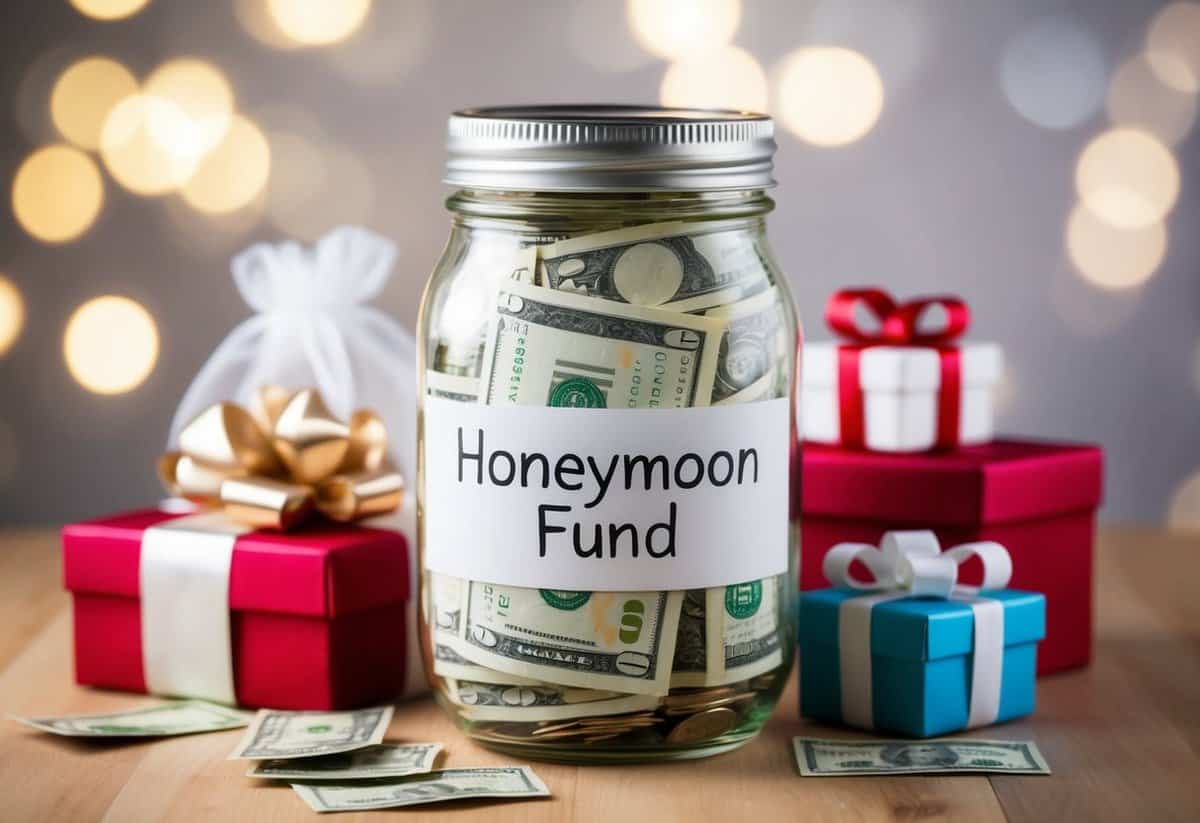 A glass jar filled with money, labeled "Honeymoon Fund," surrounded by wedding gifts and decorative items