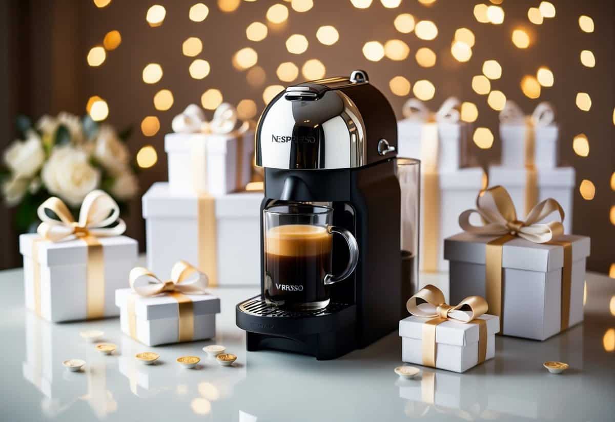 A Nespresso Vertuo Coffee Maker surrounded by elegant wedding shower gifts