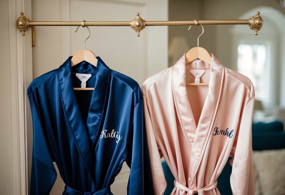 Two personalized robes, one in a deep navy color and the other in a soft blush, hanging side by side on elegant hooks