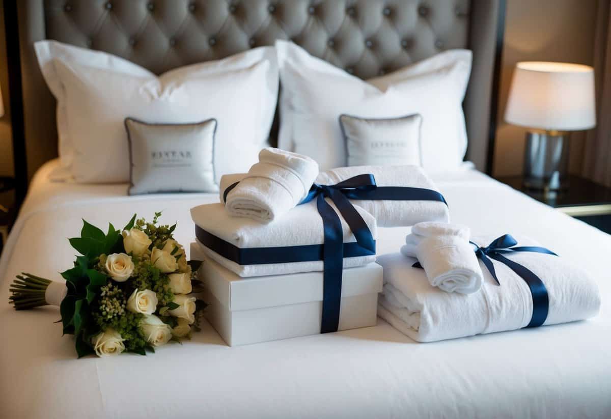 Luxurious Hotel Collection Robes displayed on a bed with elegant wrapping and a bouquet of flowers nearby