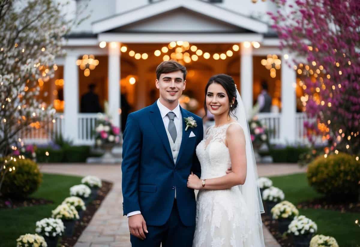 A young couple standing in front of a picturesque wedding venue, surrounded by blooming flowers and twinkling lights