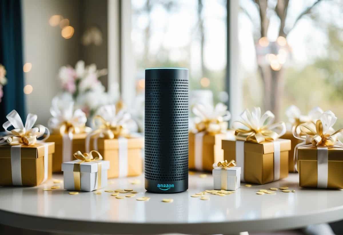 An Amazon Echo Show 10 surrounded by wedding shower gifts on a decorated table