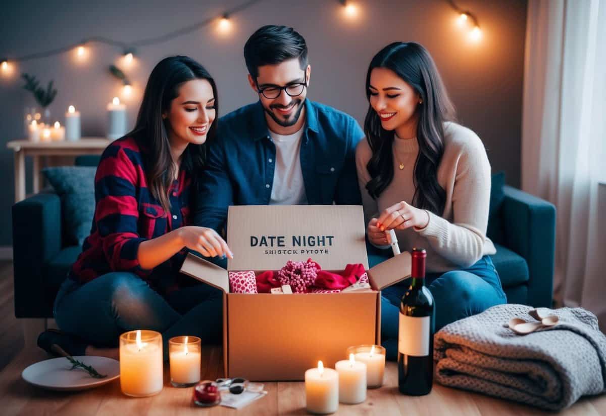 A young couple opening a Date Night Subscription Box, surrounded by romantic items like candles, wine, and a cozy blanket