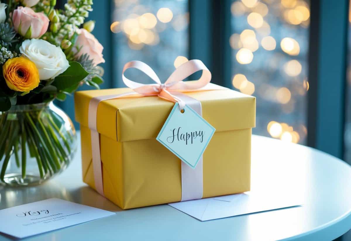 A beautifully wrapped gift box with a ribbon and personalized tag sits on a table next to a bouquet of flowers and a card