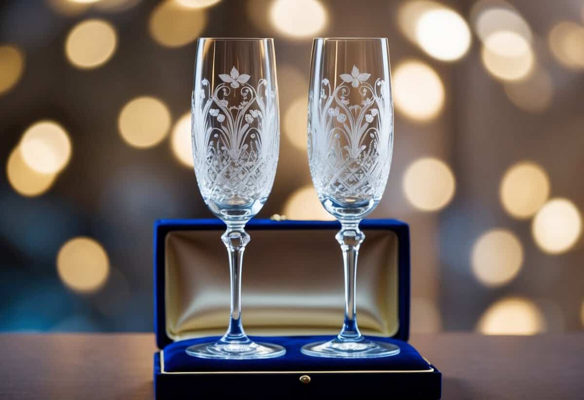 Two elegant champagne flutes, intricately engraved with delicate patterns and designs, resting on a velvet-lined box