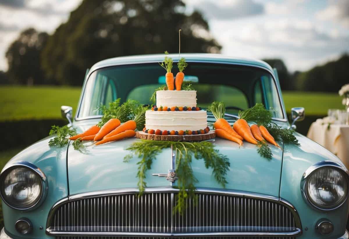 A vintage car adorned with carrots and wedding cake tiers