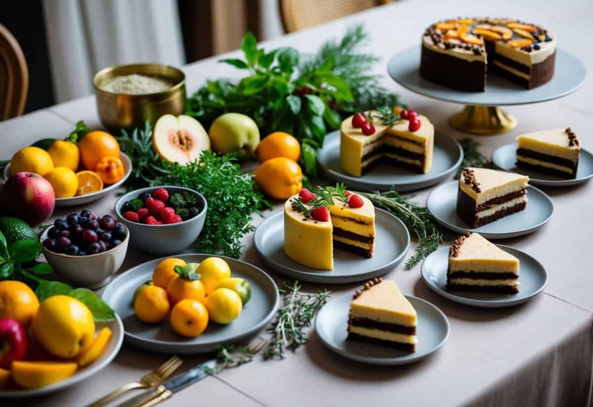 A table adorned with a variety of fresh fruits, herbs, and spices, alongside a selection of decadent cake slices in complementary flavor pairings