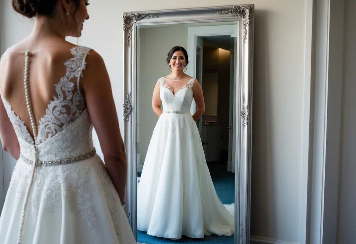 A short bride standing in front of a full-length mirror, admiring herself in a beautiful wedding dress with delicate lace detailing and a flattering silhouette