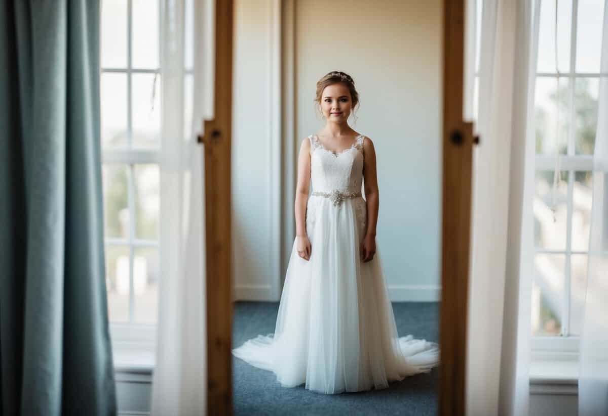 A petite bride standing in front of a full-length mirror, wearing the Essense of Australia D2770 wedding dress, with a soft, flowing skirt and delicate lace details