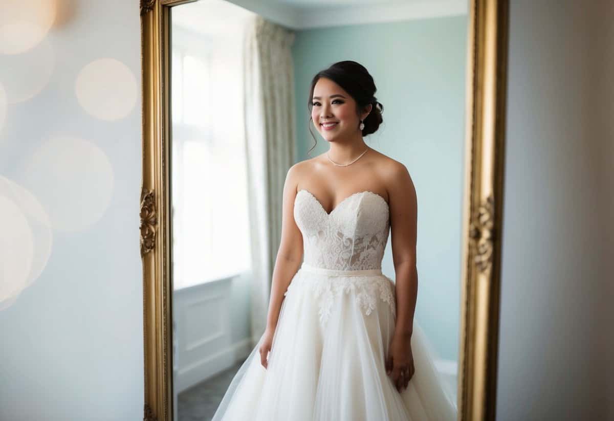 A petite bride standing in front of a full-length mirror, trying on a lace and tulle wedding gown with a sweetheart neckline and a fitted bodice