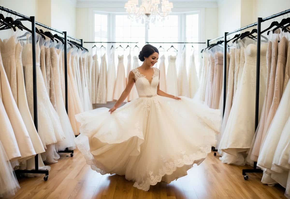 A short bride twirls in a flowing, lace-trimmed gown, surrounded by racks of wedding dresses in a bright, elegant bridal salon