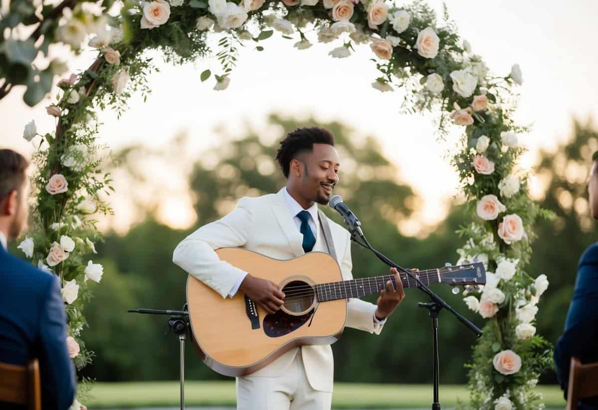 A romantic outdoor wedding ceremony with a guitarist playing "All of Me" by John Legend under a flower-adorned archway