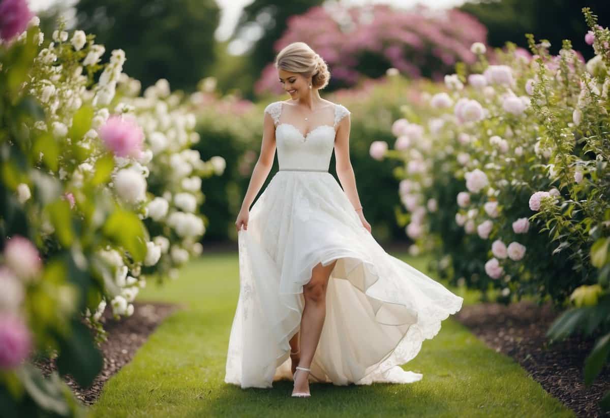 A short bride twirls in a flowy, lace wedding dress with a sweetheart neckline, surrounded by a garden of blooming flowers