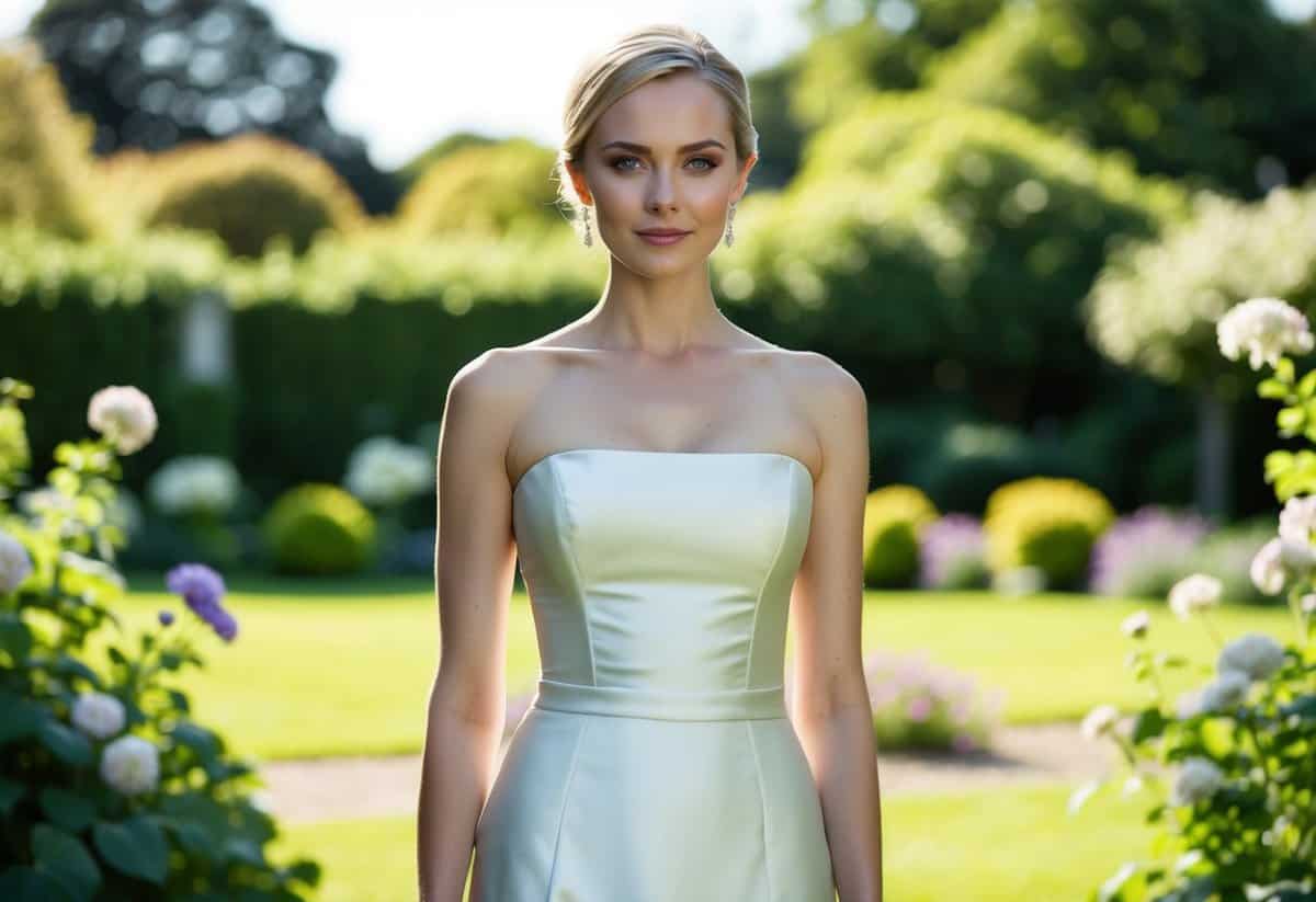 A bride stands in a sunlit garden wearing a sleek, satin wedding dress with a square neckline, accentuating her small bust