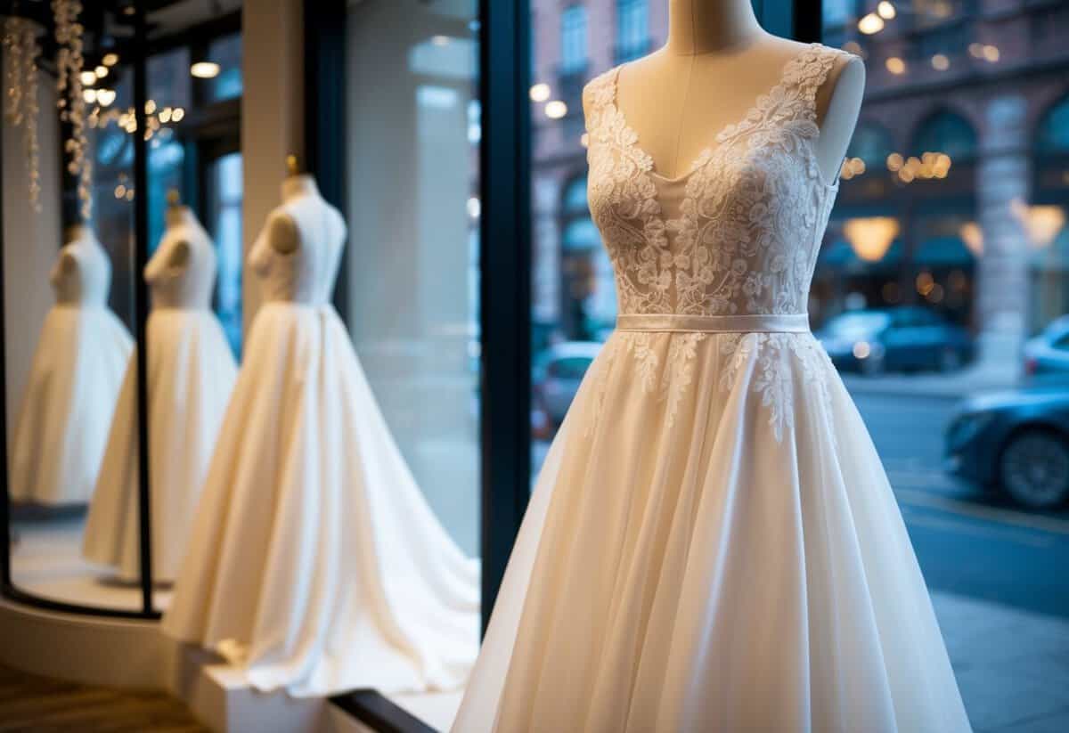 A mannequin wearing the Lulus Dream Away Maxi Dress, with delicate lace details and a flowing skirt, displayed in a bridal boutique window