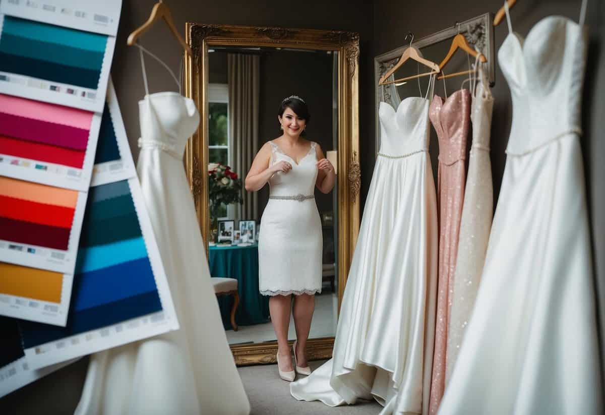 A short bride trying on different wedding dress fabrics, surrounded by swatches and a mirror