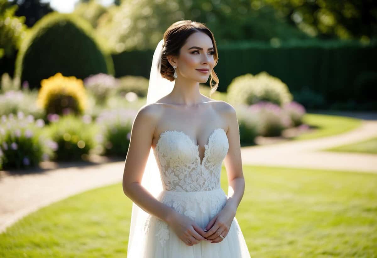 A serene bride stands in a sunlit garden, wearing the Grace Loves Lace Inca Gown. The delicate lace and flowing silhouette accentuate her small bust