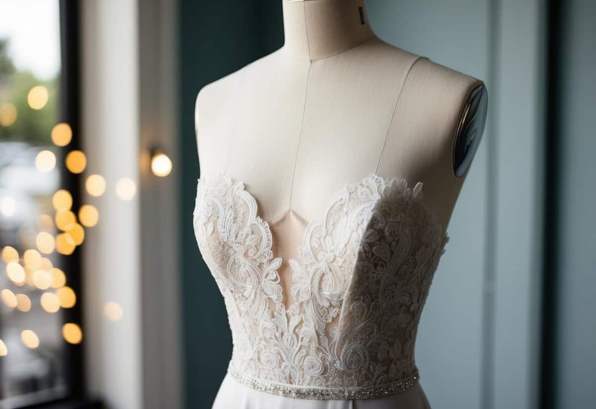 A slender mannequin wearing a Jenny Yoo Logan Gown, with delicate lace and a fitted bodice, highlighting the best wedding dress for a small bust