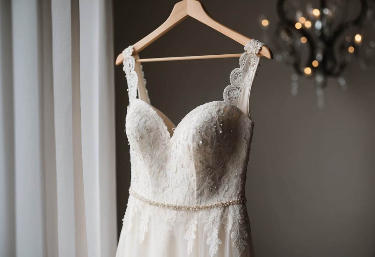 A delicate lace gown on a hanger, with a sweetheart neckline and a fitted bodice, adorned with subtle beading and intricate embroidery