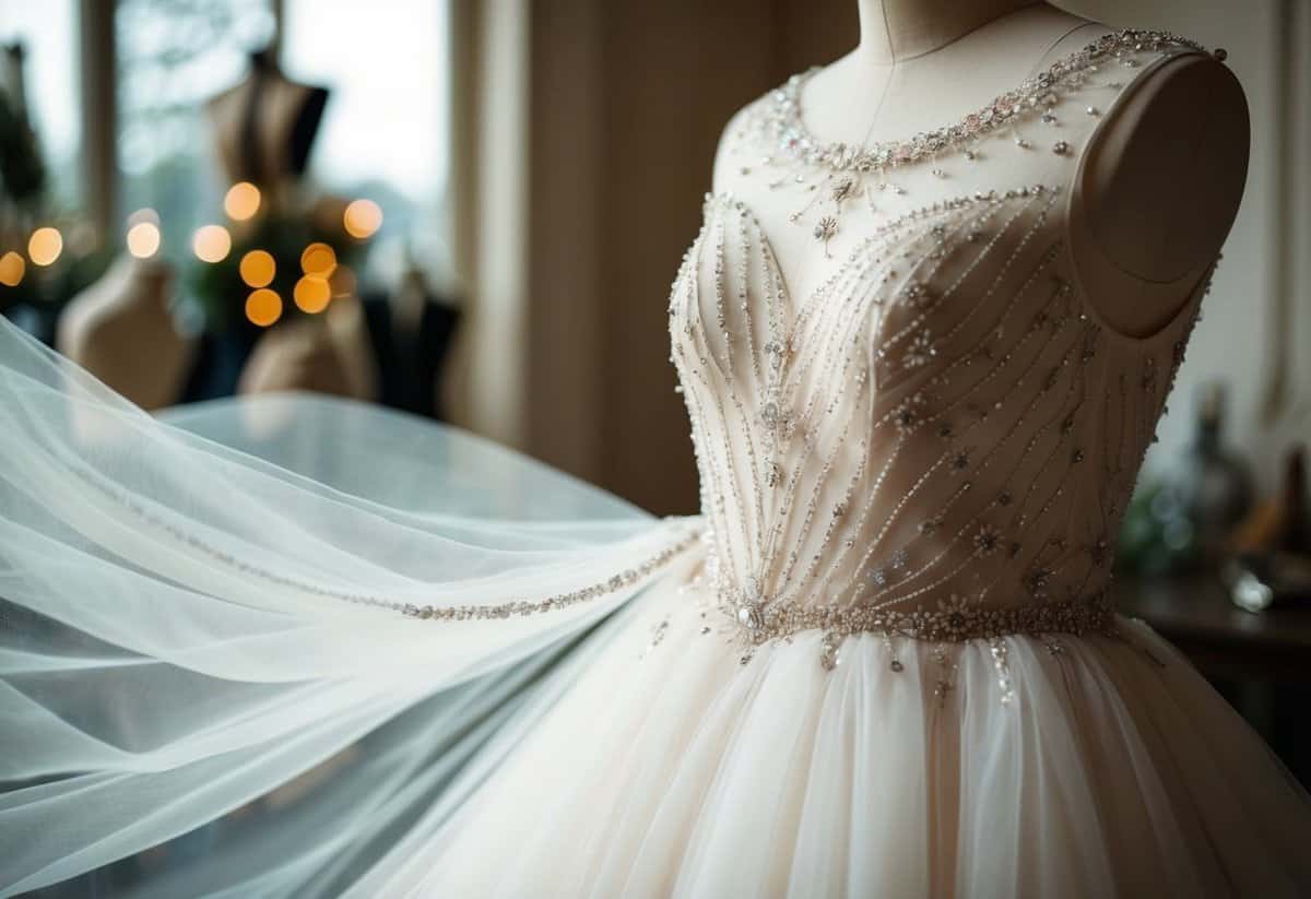 A delicate tulle bridal dress adorned with intricate beading, flowing gracefully on a mannequin