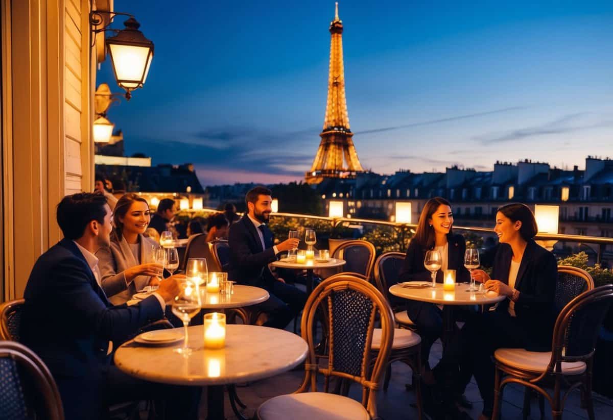 A cozy Parisian cafe with a view of the Eiffel Tower at dusk. Tables adorned with flickering candles and couples enjoying wine and conversation