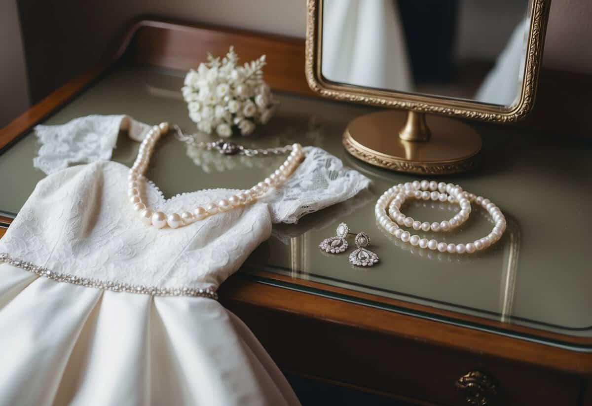 A delicate pearl necklace and dainty earrings laid out next to a lace wedding dress on a vintage vanity table