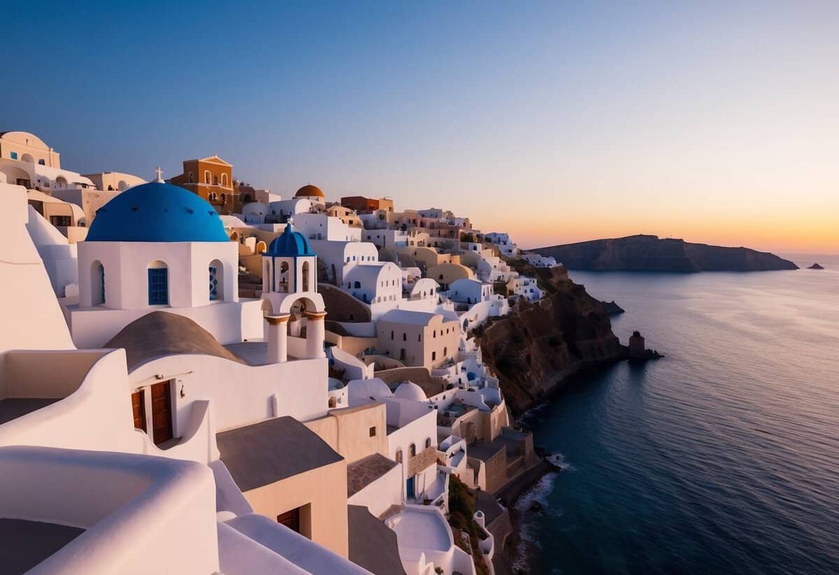 A picturesque sunset over the iconic blue-domed buildings and white-washed cliffs of Santorini, with the calm Aegean Sea in the background