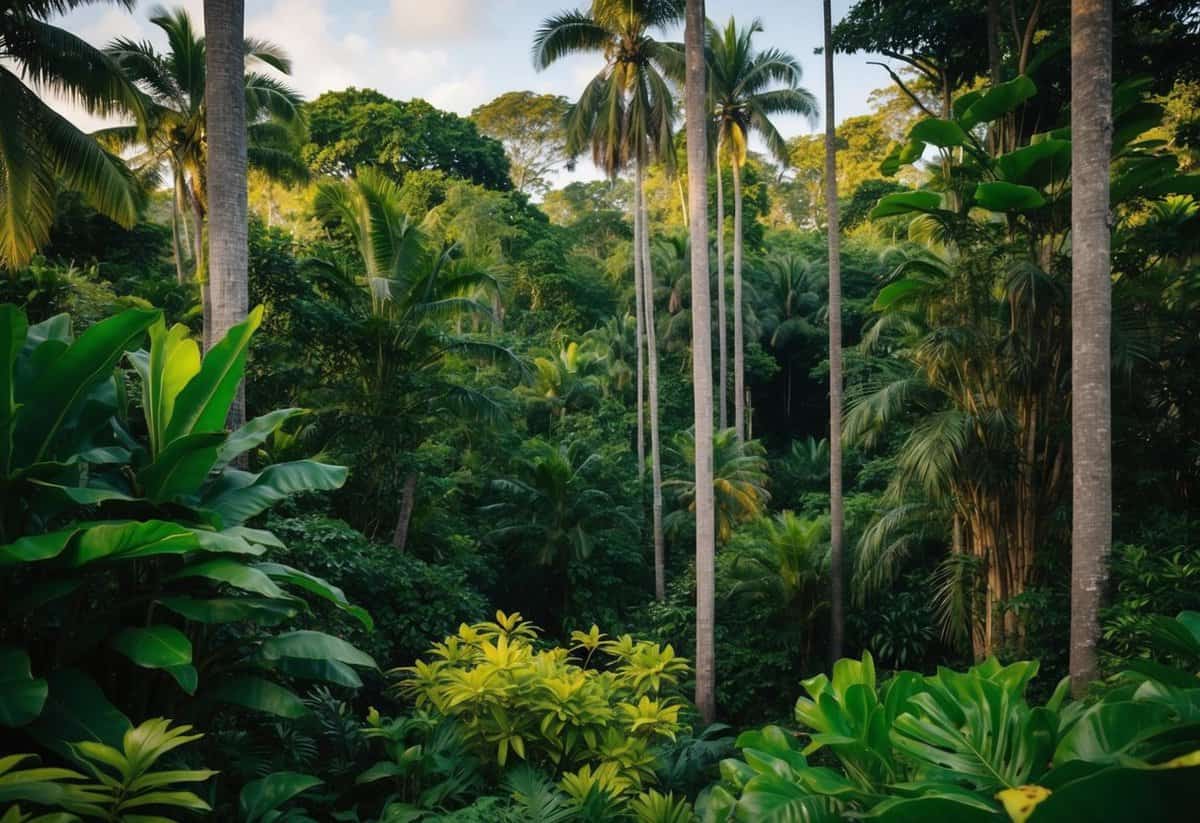 A dense Costa Rican jungle with towering trees, vibrant foliage, and exotic wildlife