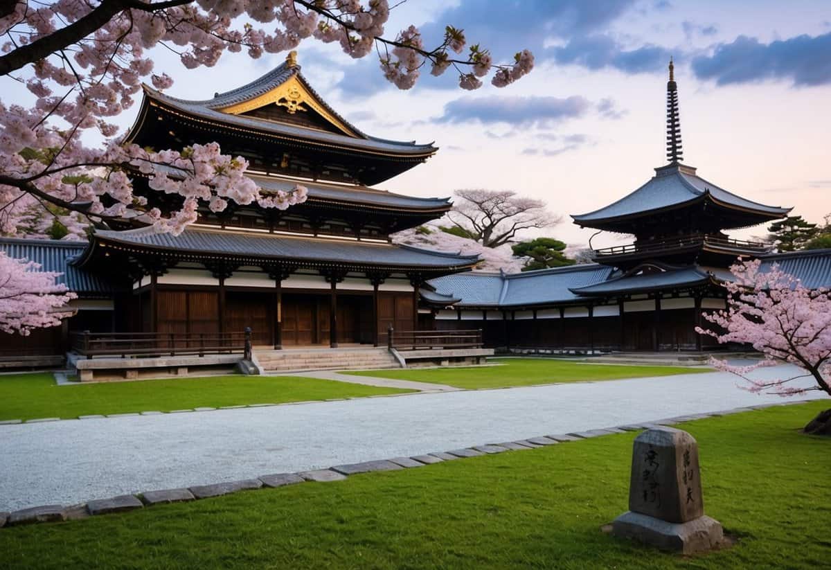 A serene, ancient Kyoto temple garden with blooming cherry blossoms and traditional architecture