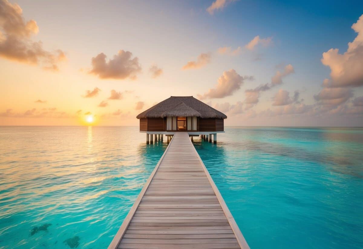 A serene overwater bungalow in the Maldives, surrounded by crystal-clear turquoise water and a picturesque sunset