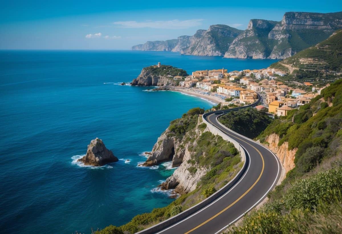 A winding coastal road overlooks the sparkling blue sea, dotted with colorful villages and lush greenery. Rocky cliffs rise dramatically from the water, creating a stunning backdrop for a romantic anniversary trip