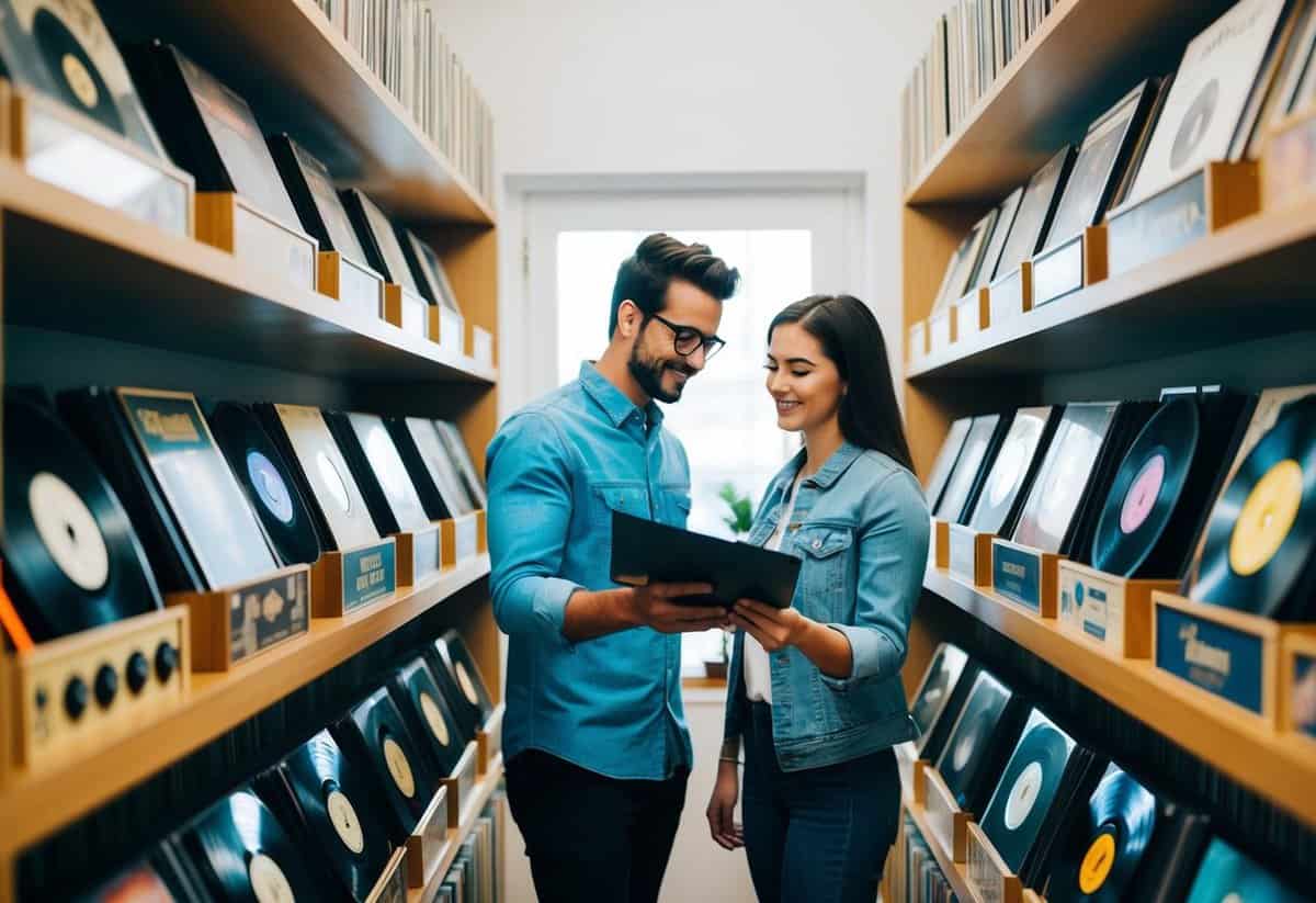 A couple browsing through a collection of vinyl records, with various genres of music displayed on the shelves