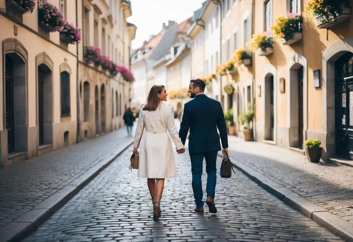 A couple strolling along a picturesque cobblestone street in a charming European city, surrounded by historic architecture and colorful flowers