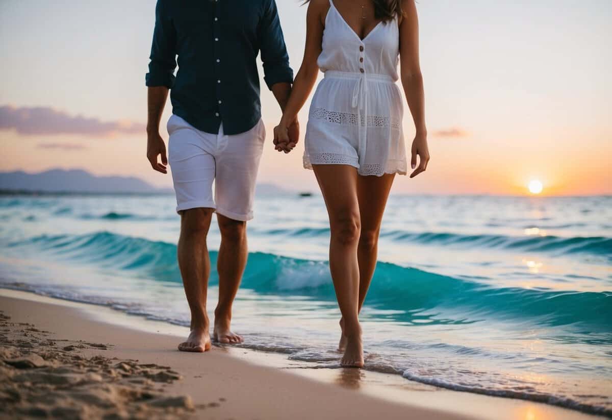 A couple walking hand in hand on a sandy beach with crystal clear water and a beautiful sunset in the background