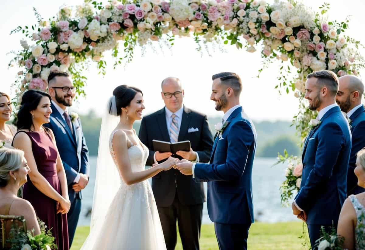 A bride and groom exchanging vows under a floral arch, surrounded by their loved ones, while a podcast host interviews a wedding planner nearby