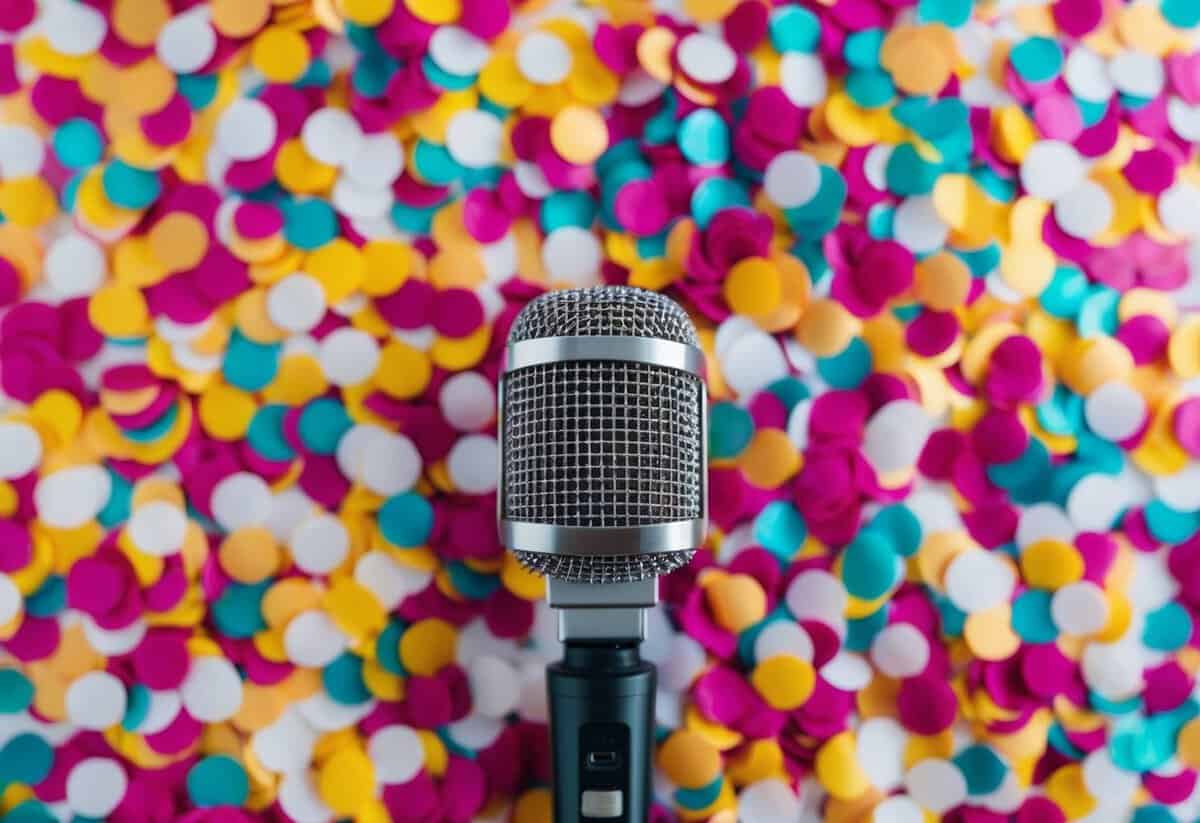 A microphone surrounded by colorful confetti and wedding-themed decor