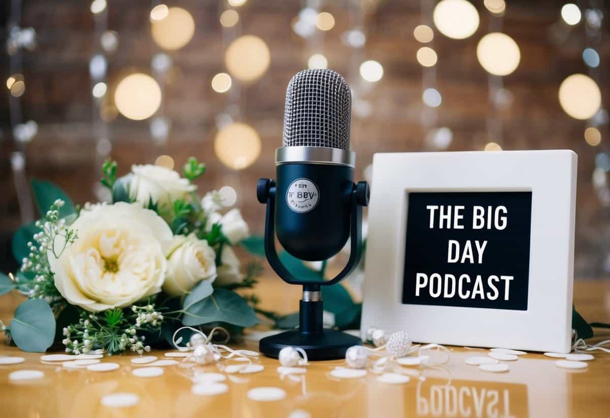 A microphone surrounded by wedding-themed decorations and a sign with "The Big Day Podcast" displayed prominently