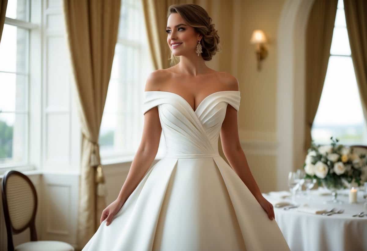 An off-the-shoulder A-line dress with flowing fabric, tailored for a big bust, in a romantic wedding setting