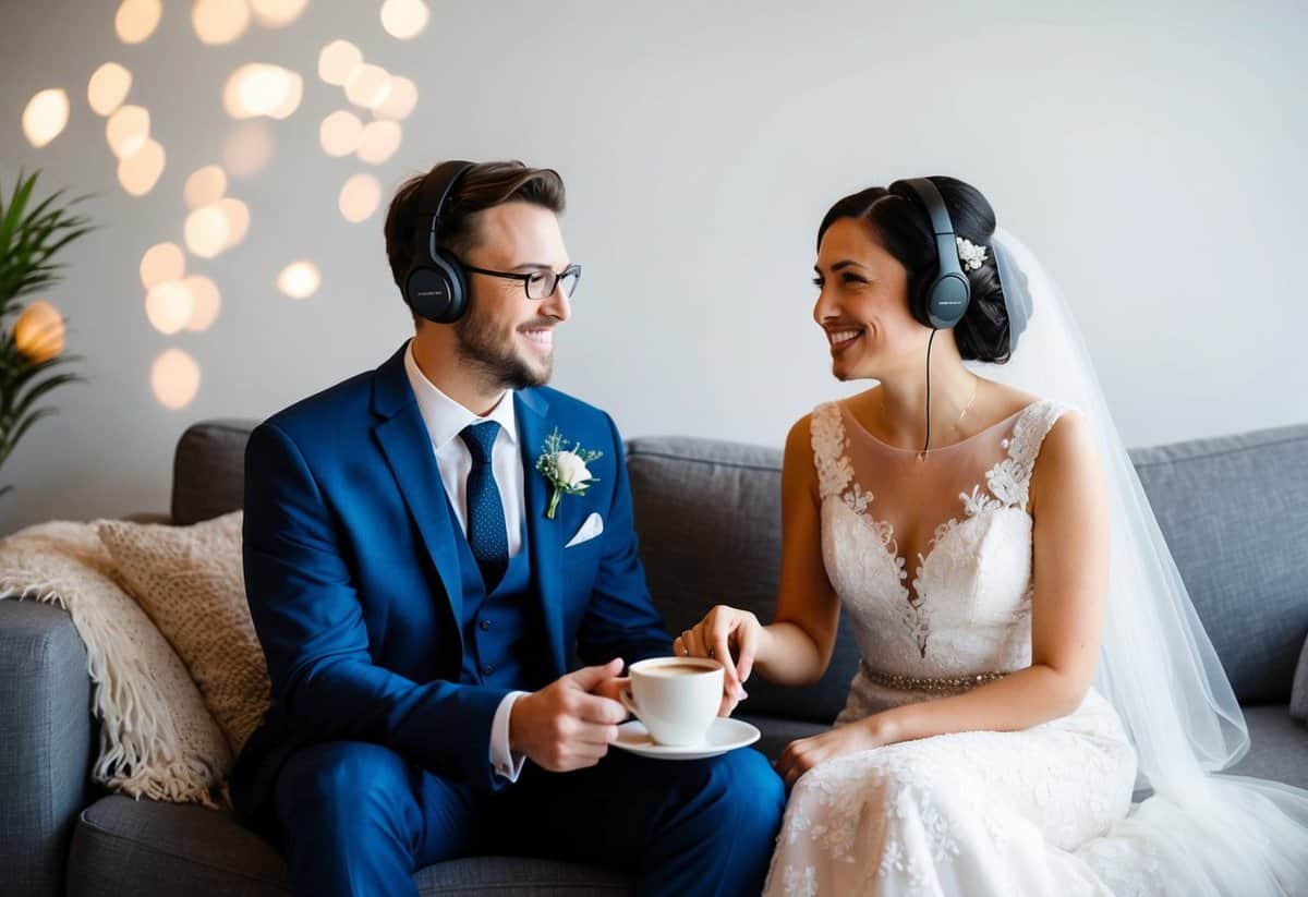 A bride and groom listening to a wedding podcast while sitting on a cozy couch with a cup of coffee