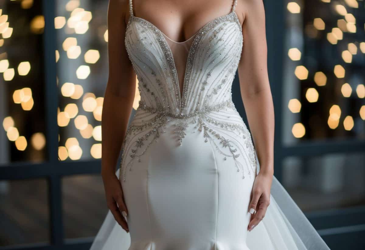 A mermaid-style wedding dress adorned with intricate beading, designed to flatter and accentuate a larger bust