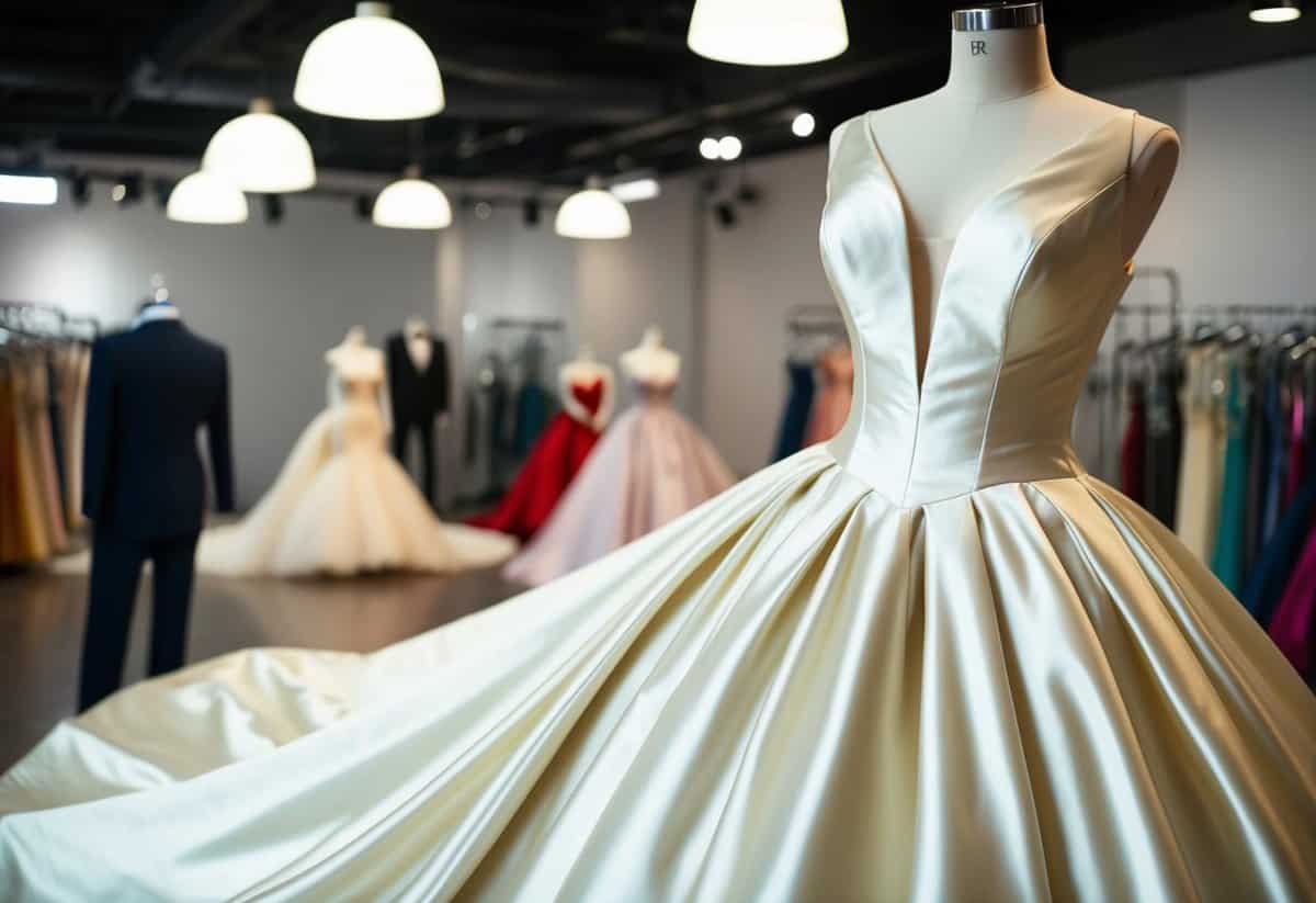 A satin ball gown with a plunging neckline, tailored for a big bust, cascades gracefully on a mannequin