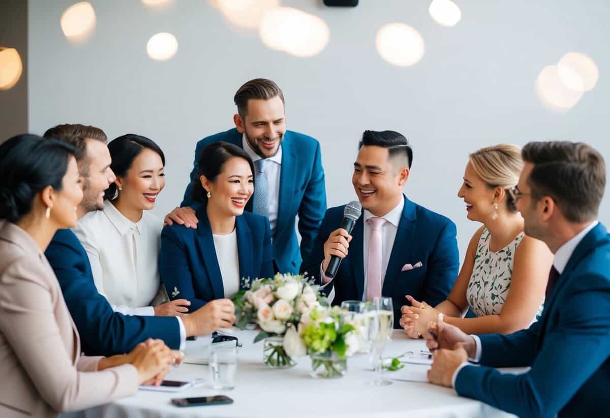 A group of people gathered around a microphone, chatting and laughing as they discuss wedding planning tips and advice